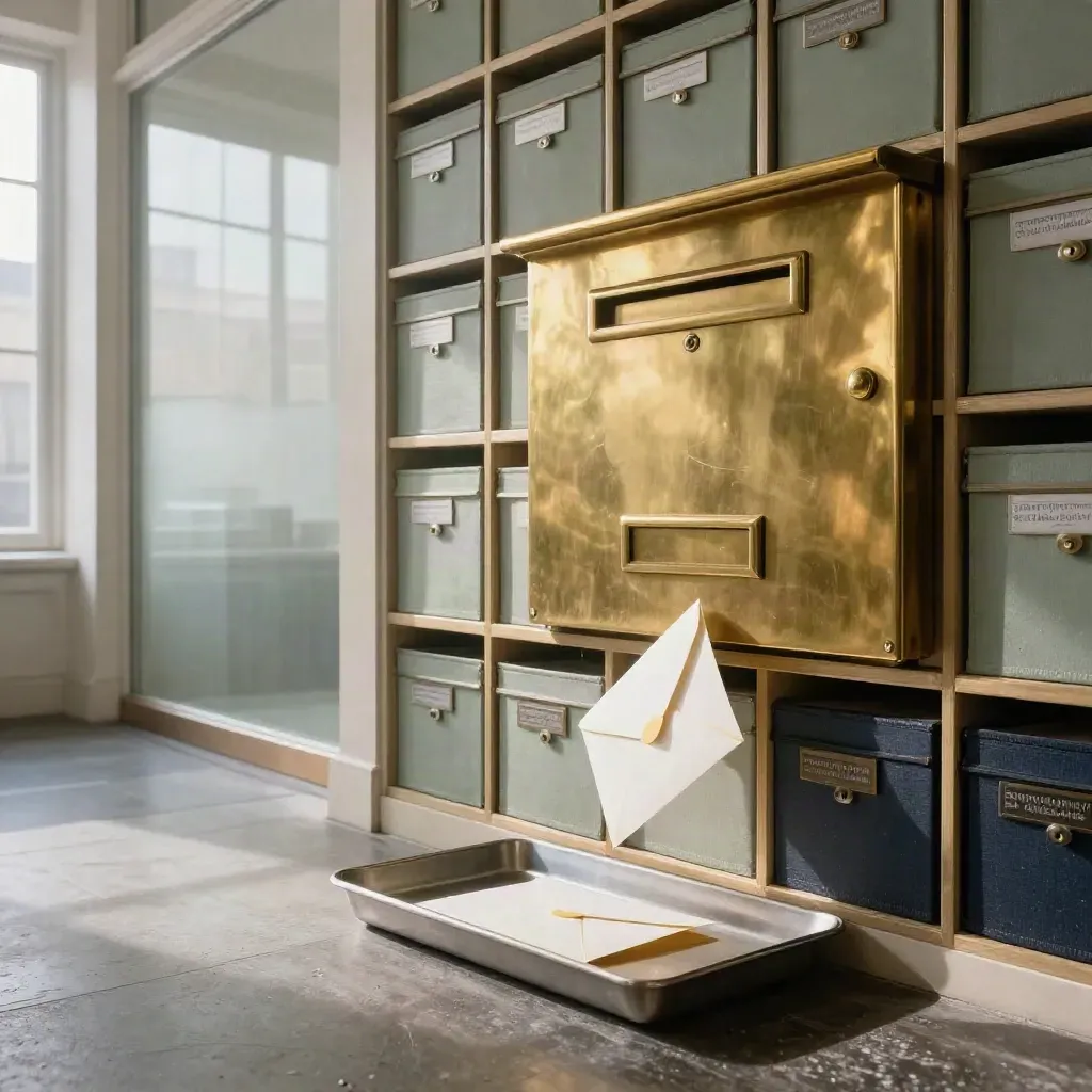 Brass letterbox, sealed mail, archive boxes and frosted lobby in a minimalist London office