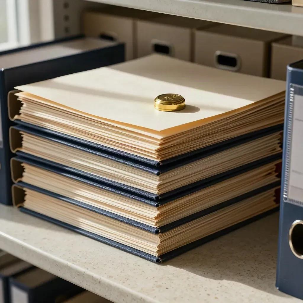 Stacked compliance folders and brass date stamp on travertine with navy tabs