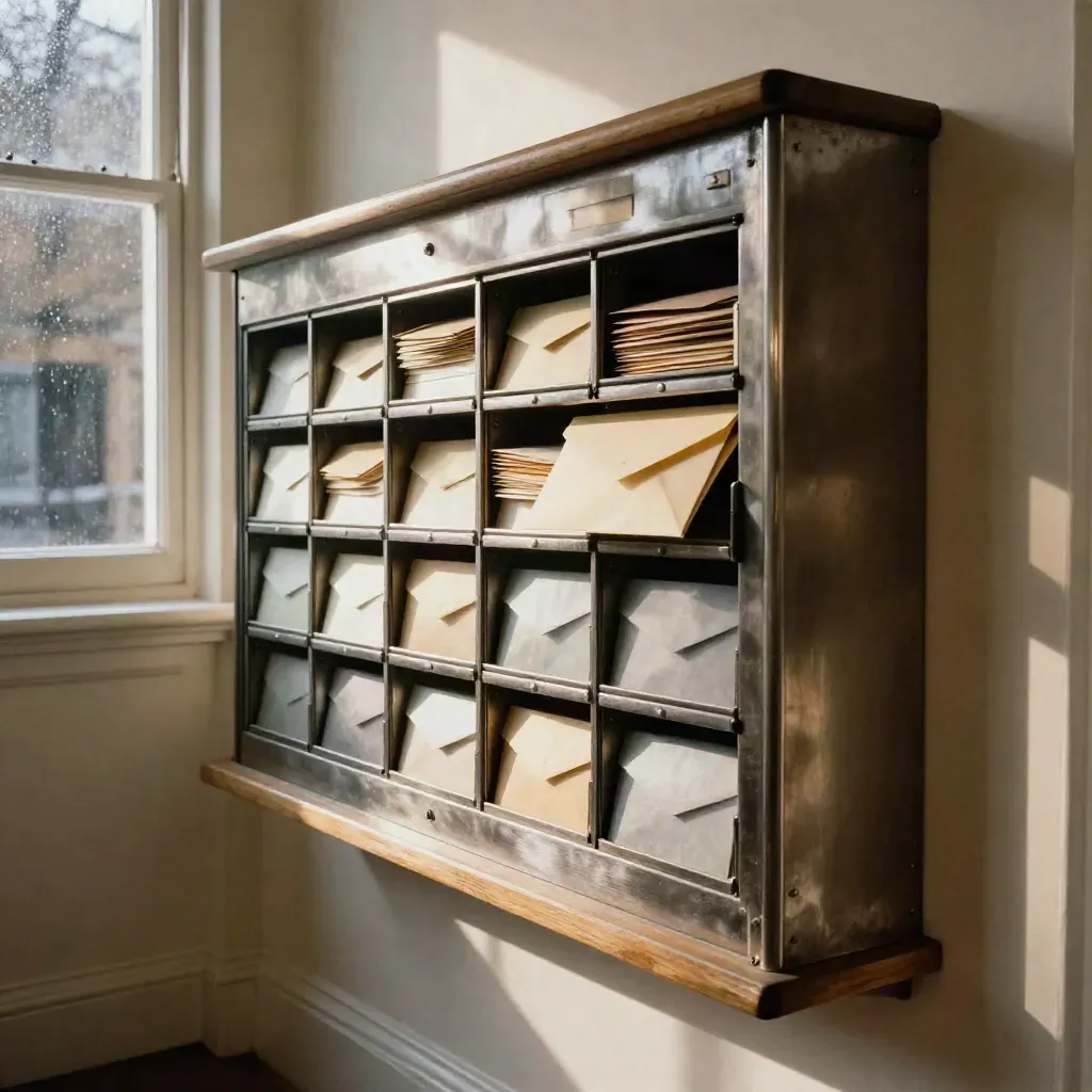 London mail sort nook with frosted slot, parcel cubbies, and envelopes in late-afternoon light.
