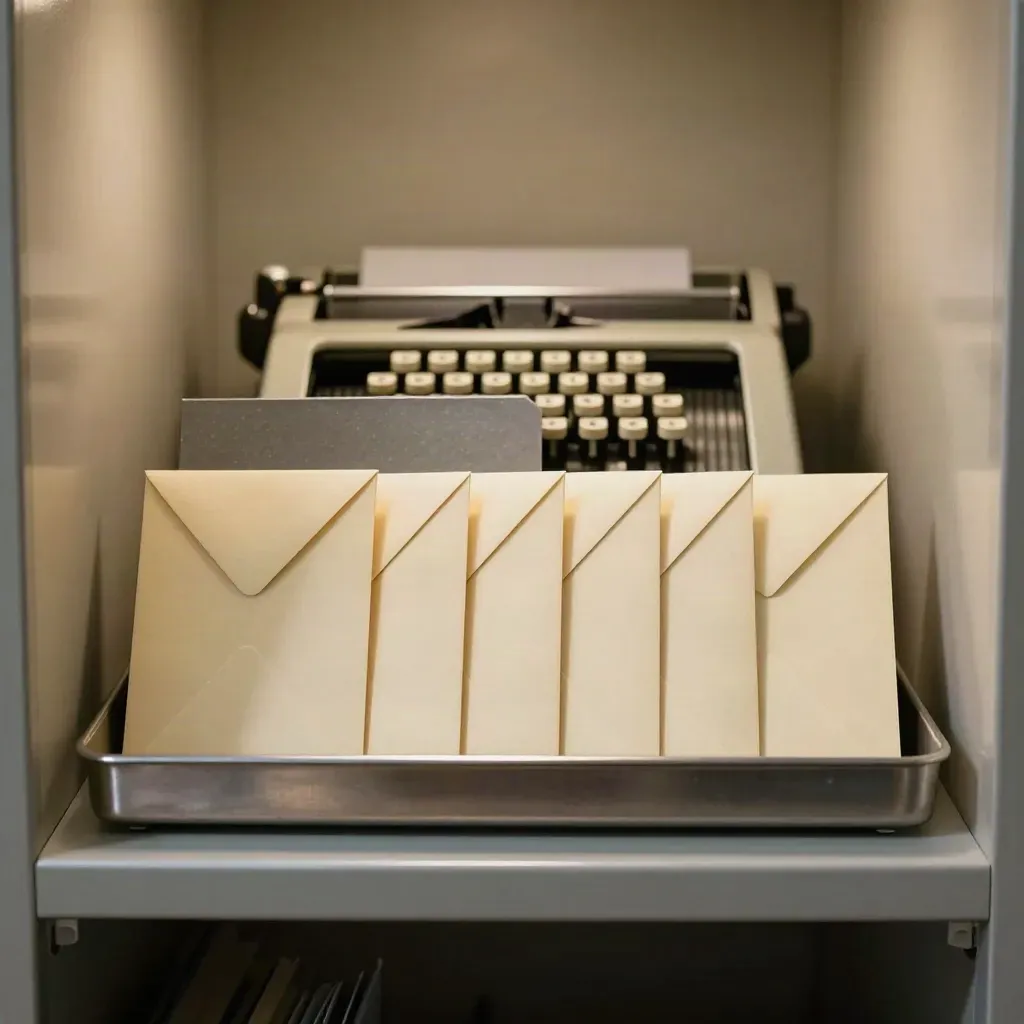 Payroll envelopes beside an adding machine in a quiet office alcove under warm light