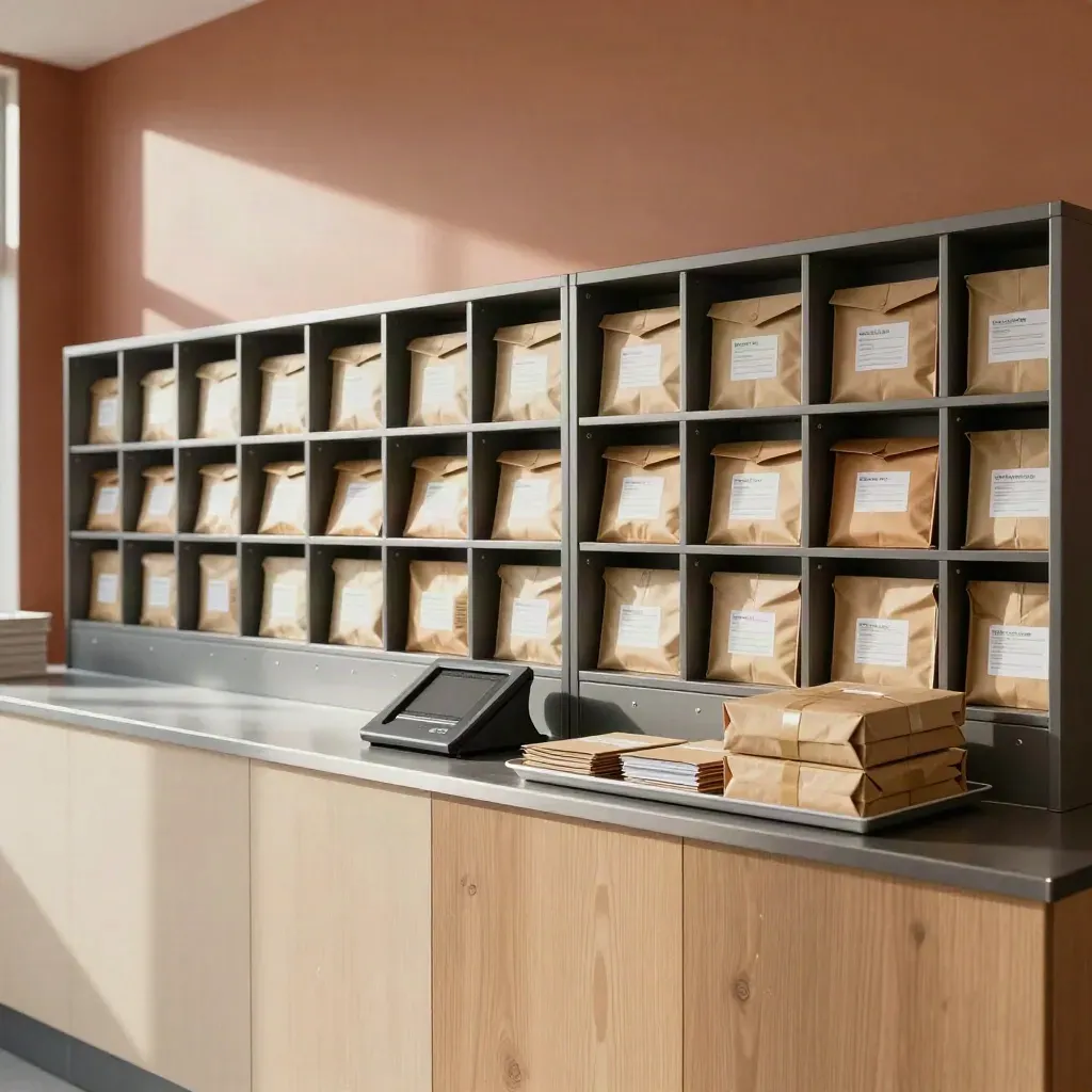 Steel-grey mail cubbies, parcel shelf and closed scan cradle in a bright virtual office hub.