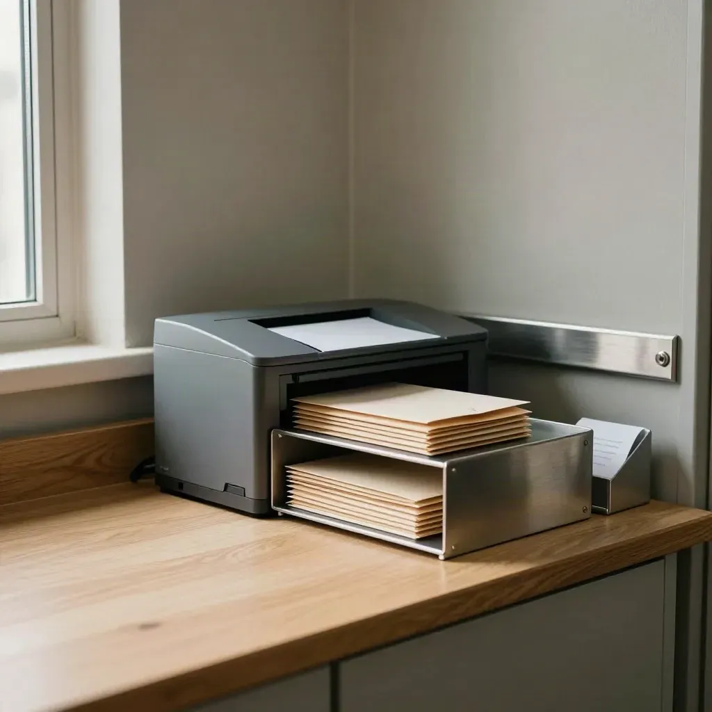 Compact mail room with scanner, letter trays, and routed envelopes in cool side light