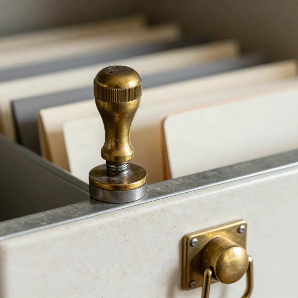 Macro still life of brass date stamp, file tabs and archive latch on travertine.