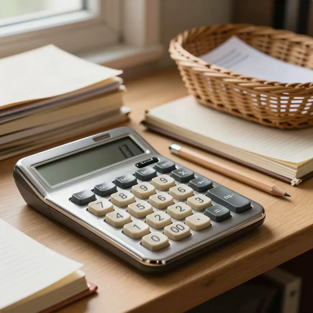 Macro of a calculator, ledger, receipt basket and pencil stub lit by raking daylight.