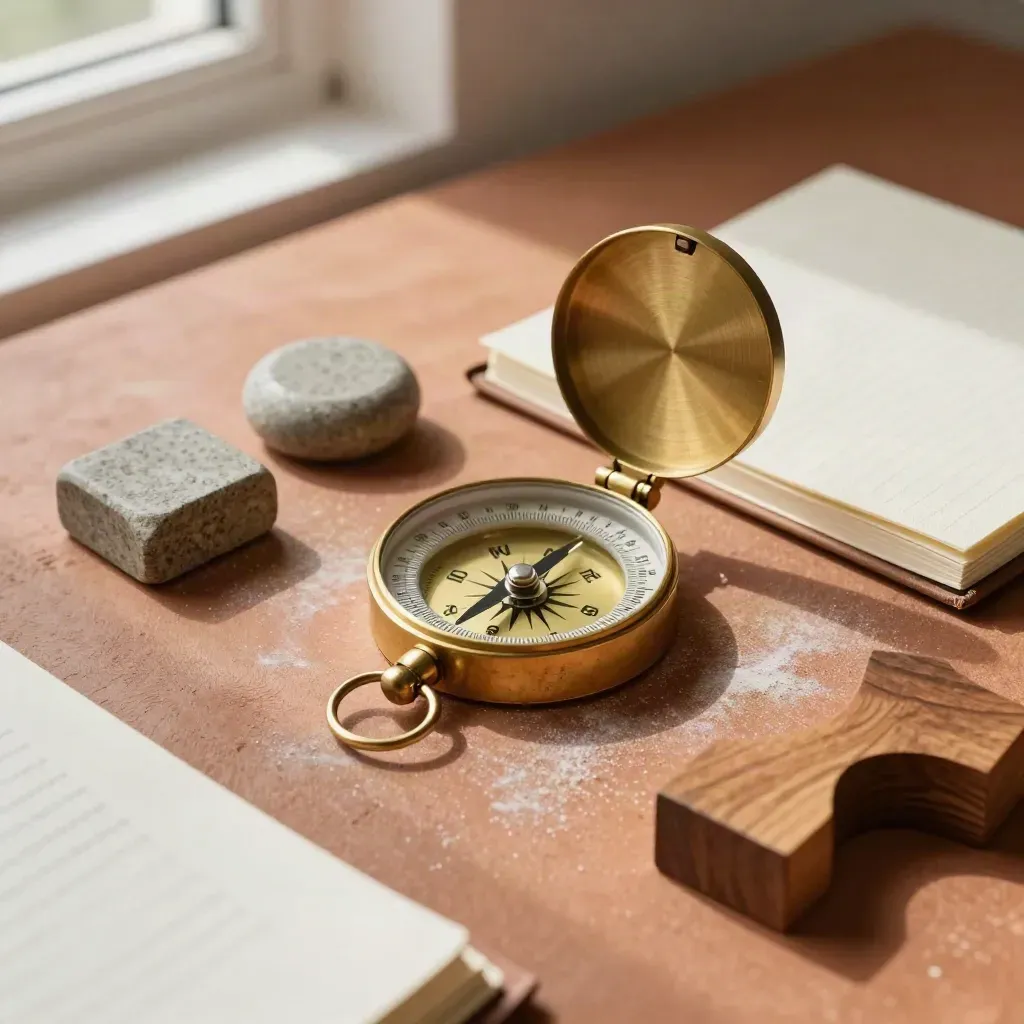 Overhead brass compass, stone weights, closed notebook and wood blocks on terracotta plaster.