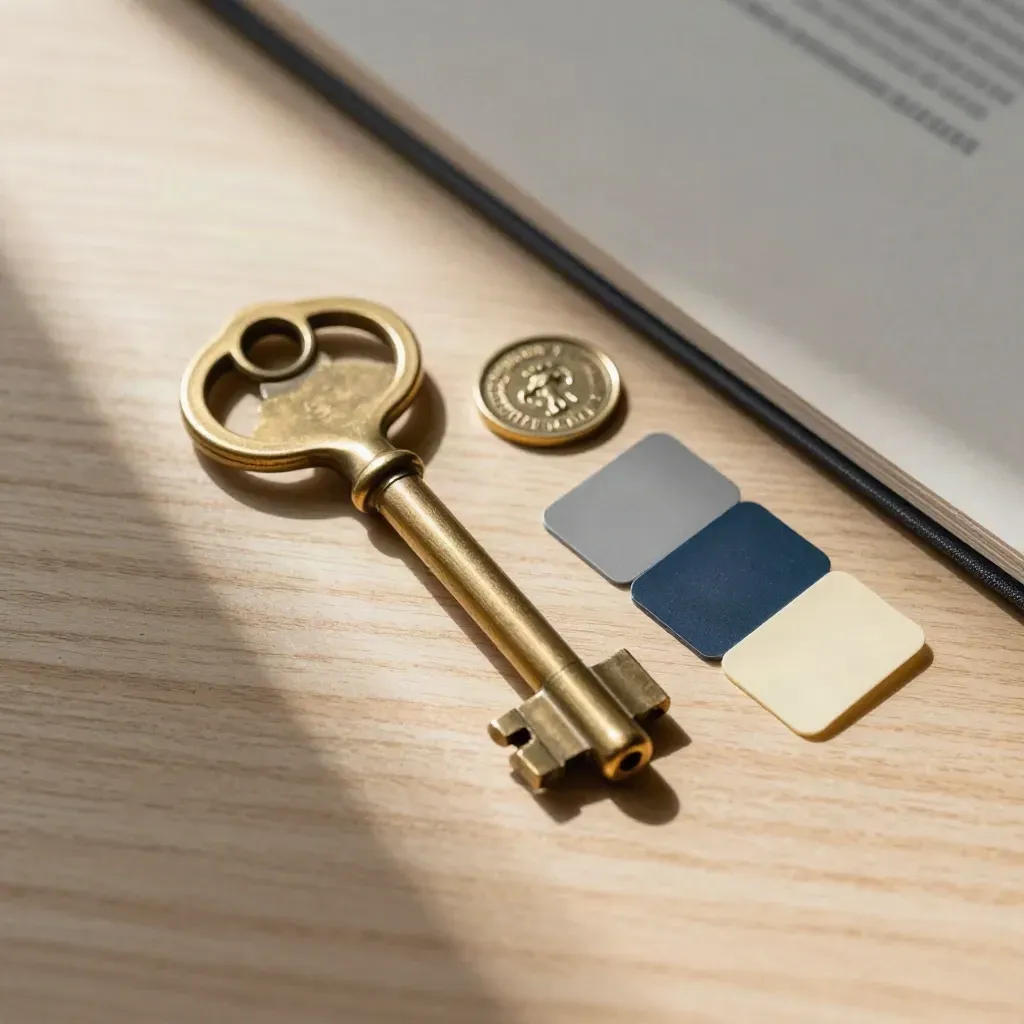 Brass key, company seal, ledger clip and slate tabs on pale oak in soft side light.
