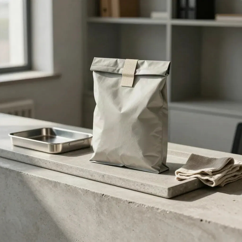 Sealed courier pouch in a stone dispatch tray with archive band, steel tray and folded linen.