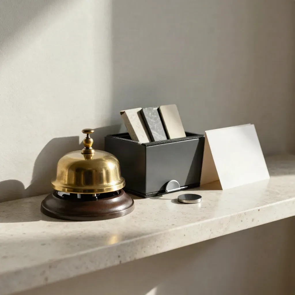 Brass bell, timer block and binder tabs on a pale stone shelf with soft side light.