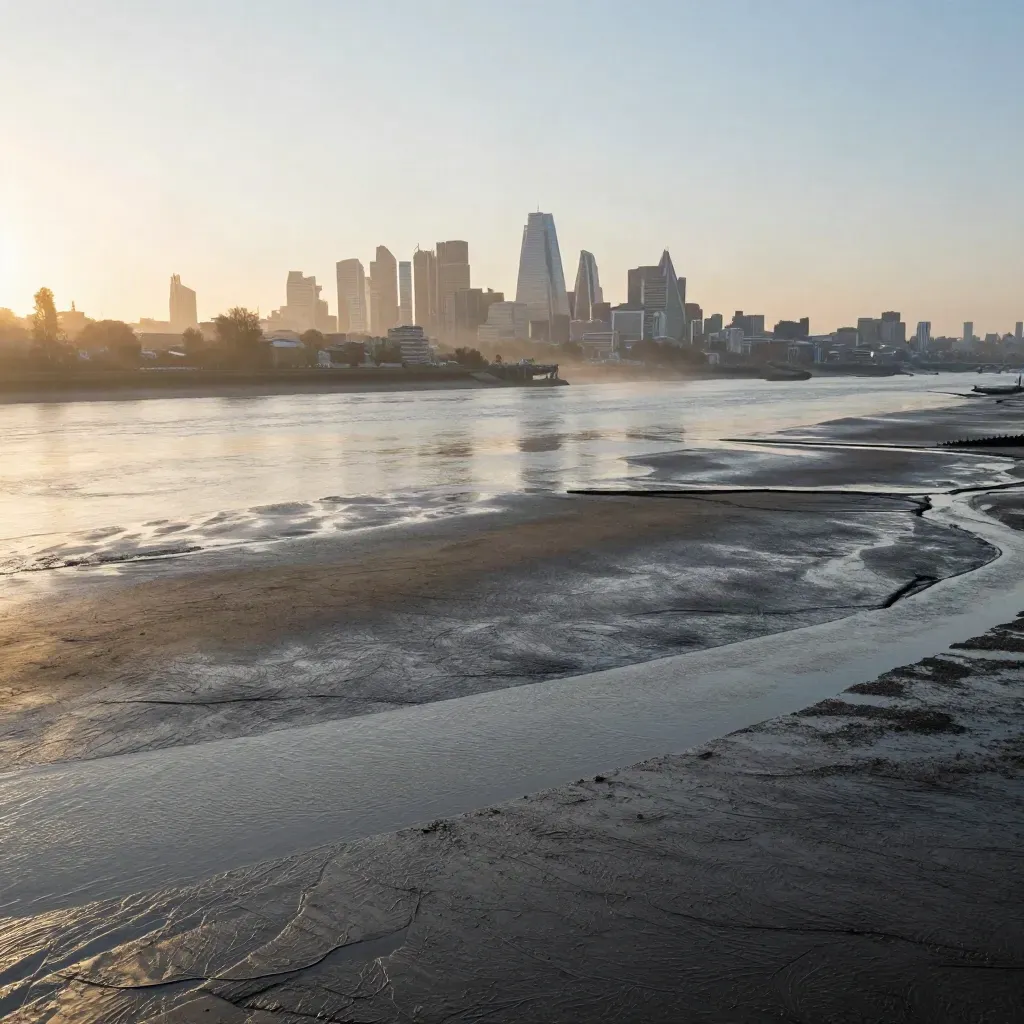 Hazy Thames estuary with London skyline at sunrise and open tidal flats below