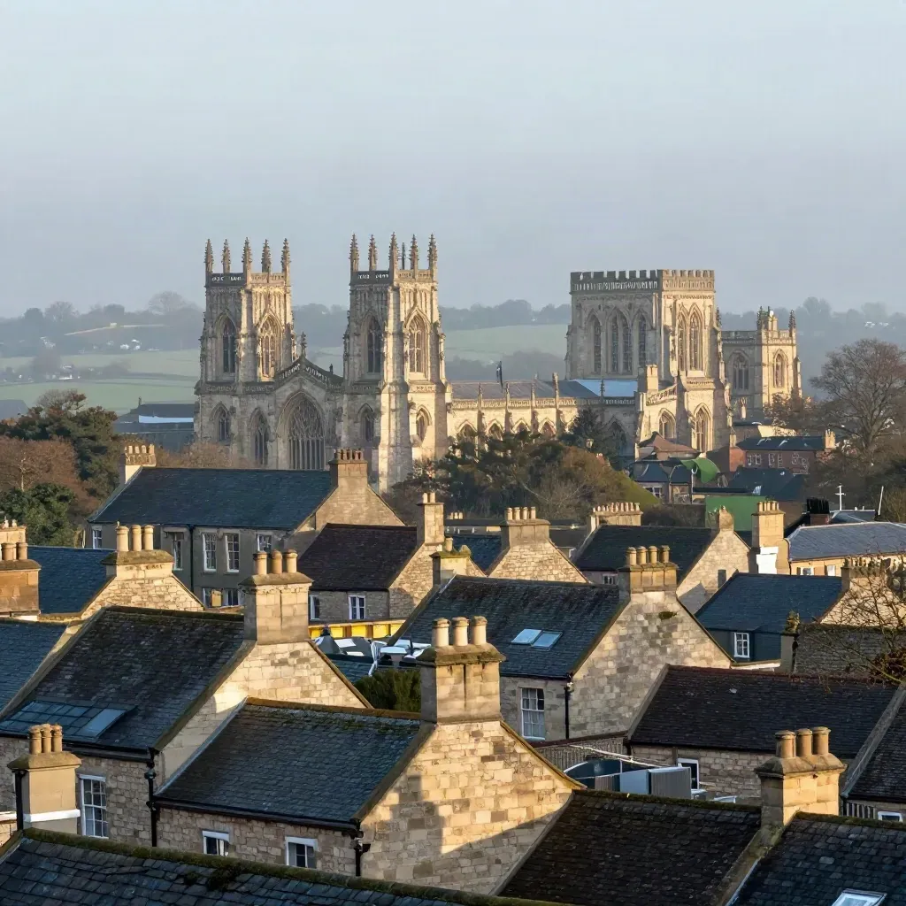 York Minster above misty Yorkshire rooftops and green valley edges at dawn